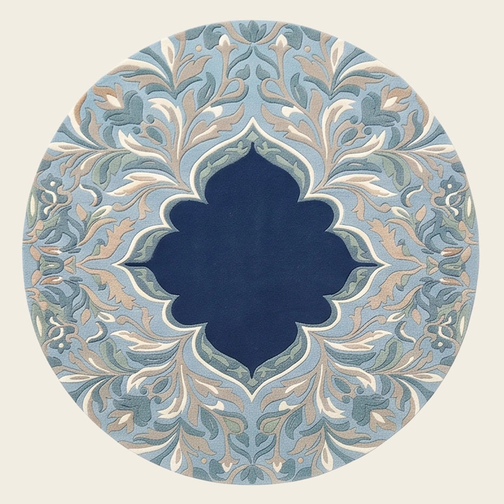 Mashrabiya Bloom hand-tufted rug in Sky Navy – flat lay