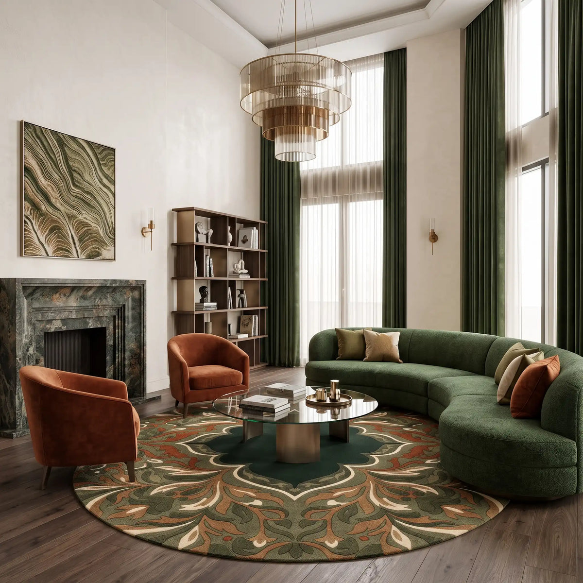 Mashrabiya Bloom hand-tufted rug in Olive Emerald – styled in a room