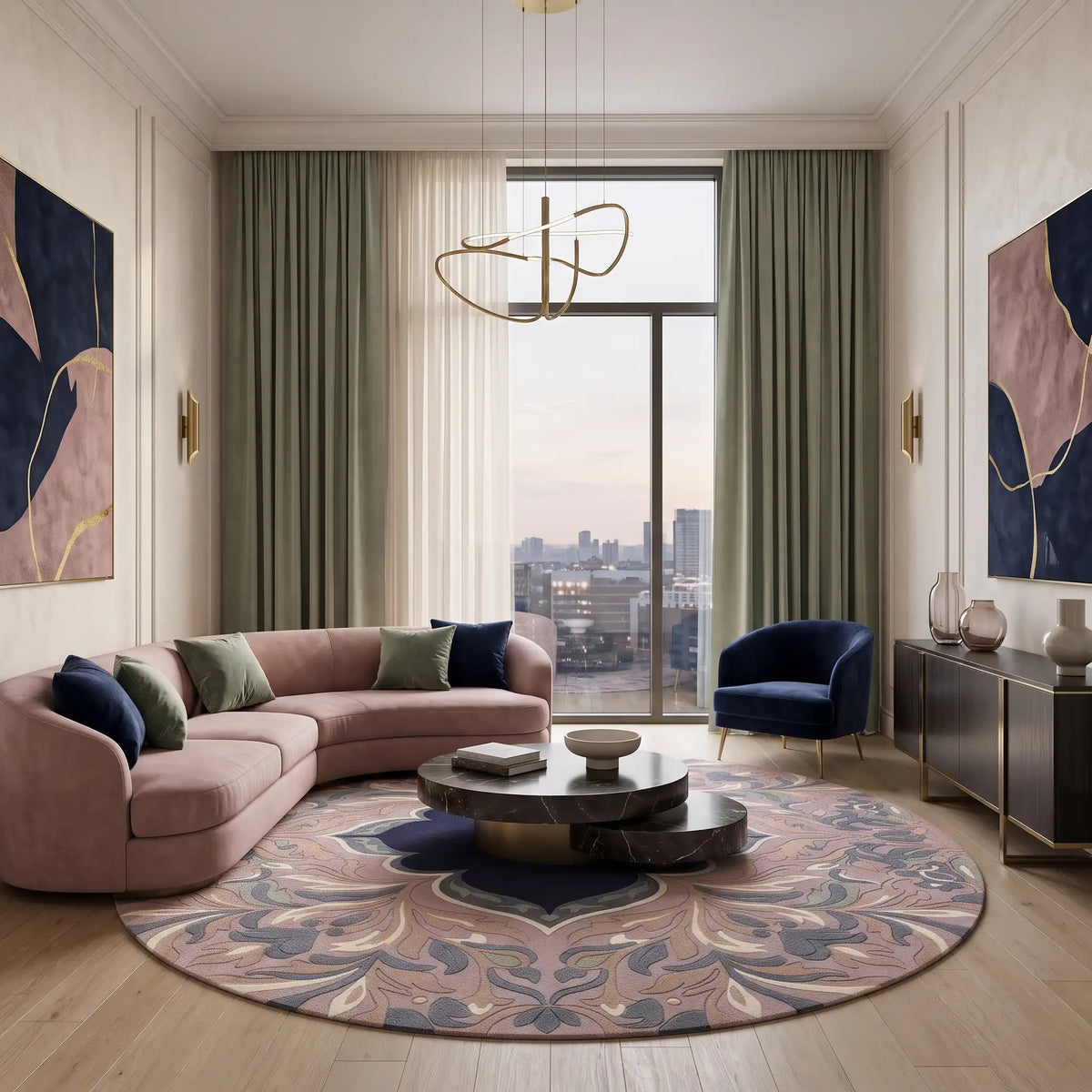 Mashrabiya Bloom hand-tufted rug in Blush Indigo – styled in a room