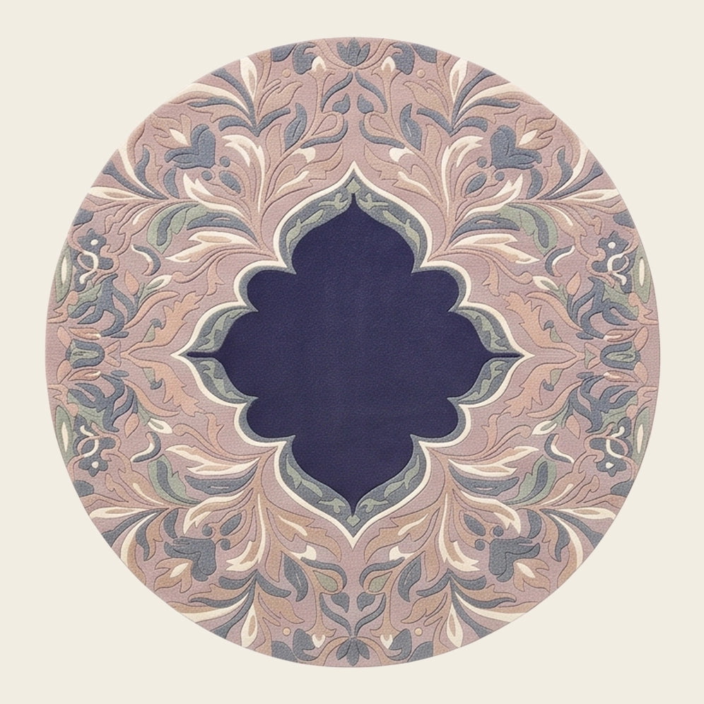 Mashrabiya Bloom hand-tufted rug in Blush Indigo – flat lay