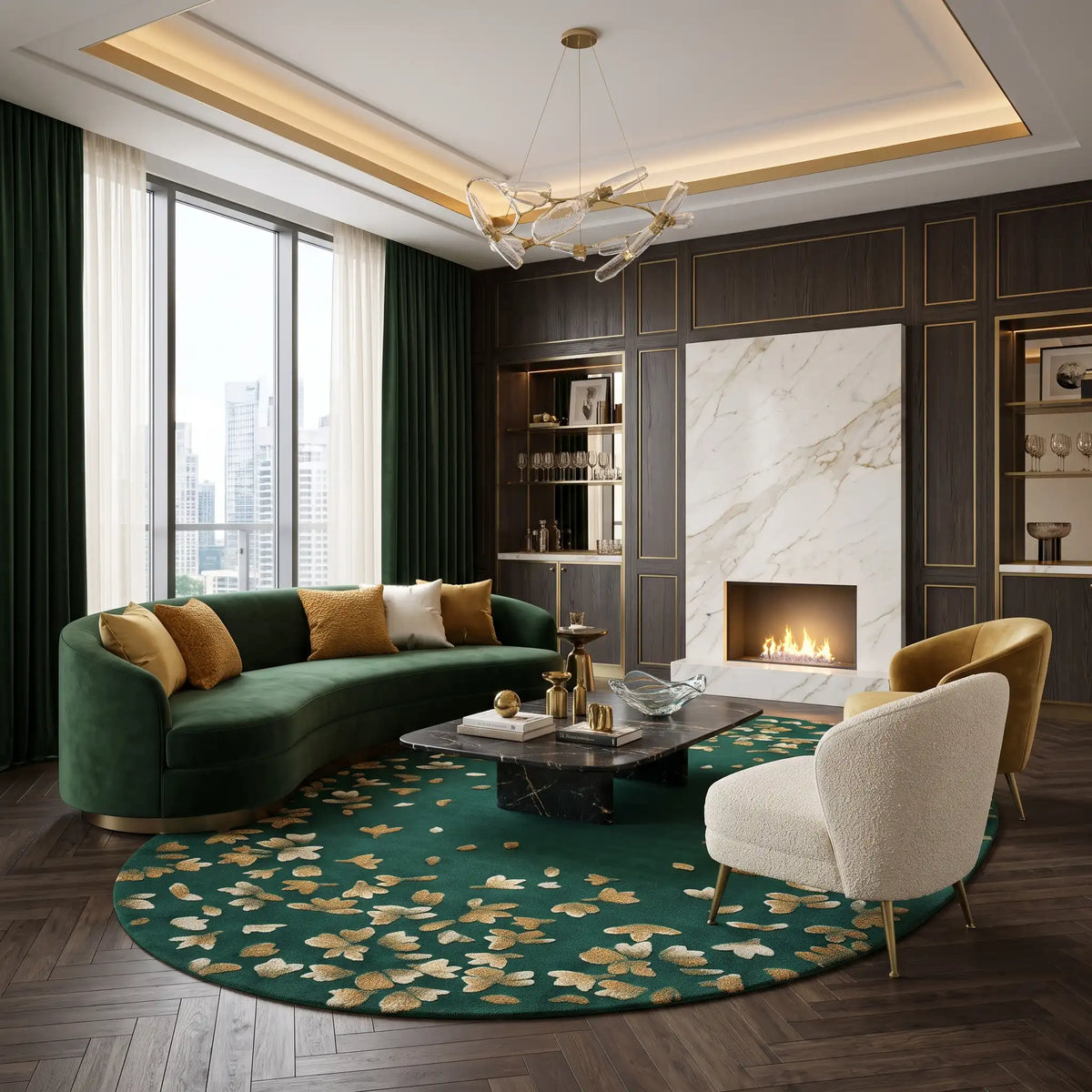 Stardust hand-tufted rug in Emerald Gold – styled in a room