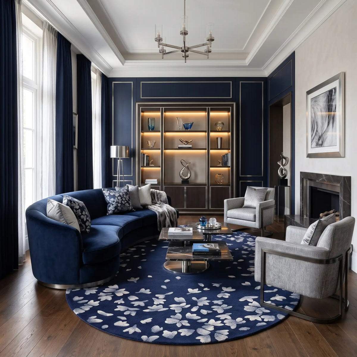Stardust hand-tufted rug in Midnight Navy – styled in a room
