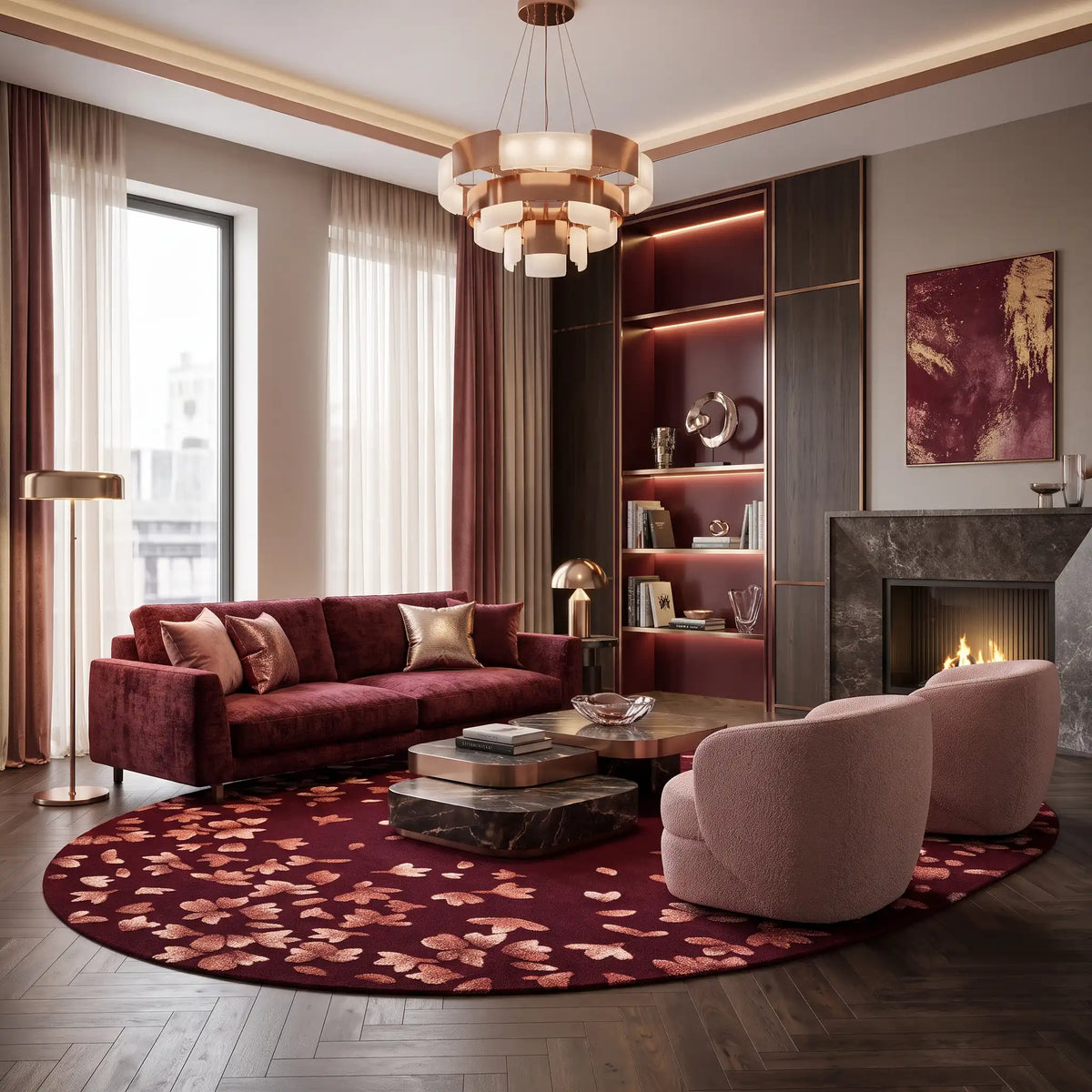 Stardust hand-tufted rug in Ruby Wine – styled in a room
