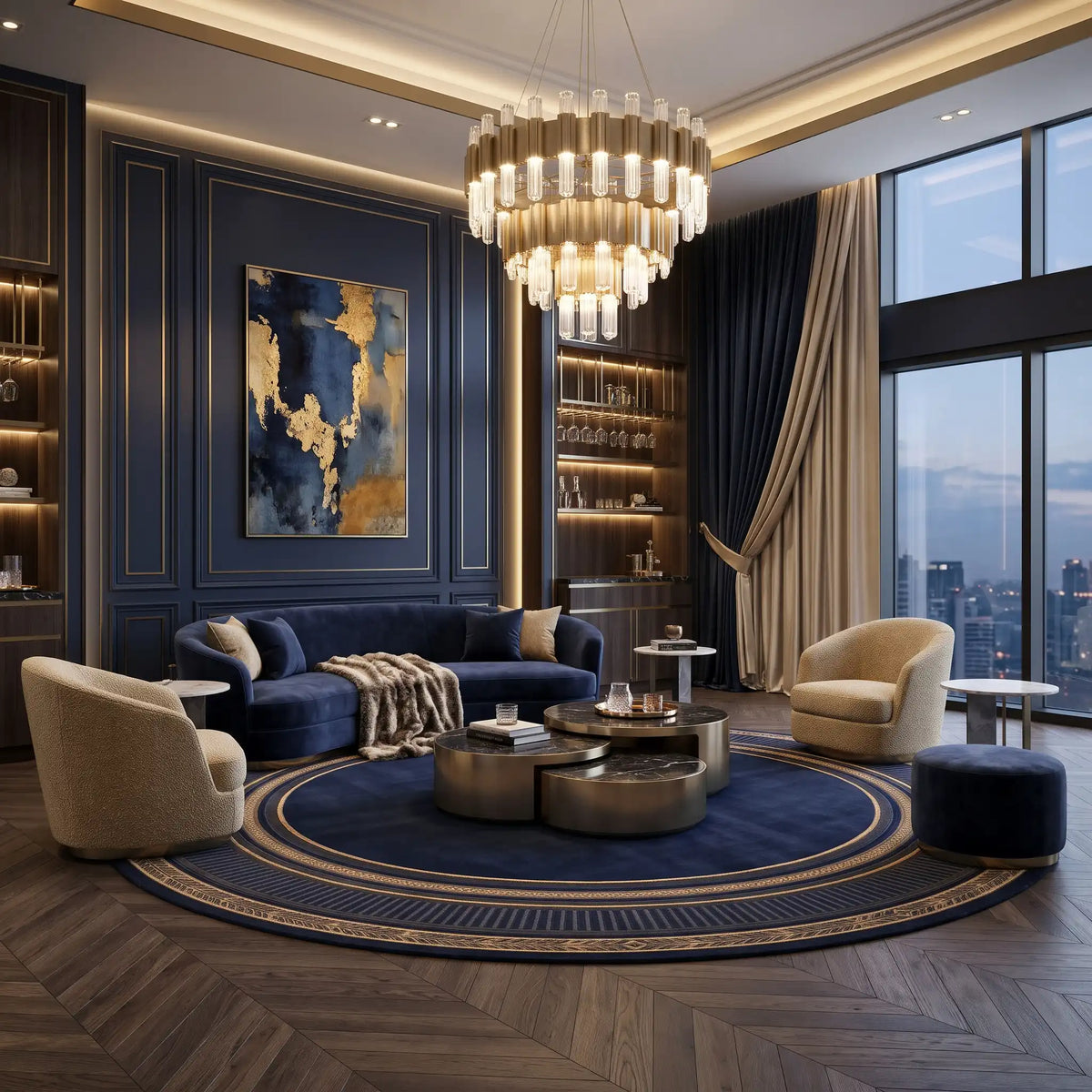 Halo hand-tufted rug in Navy Gold – styled in a room