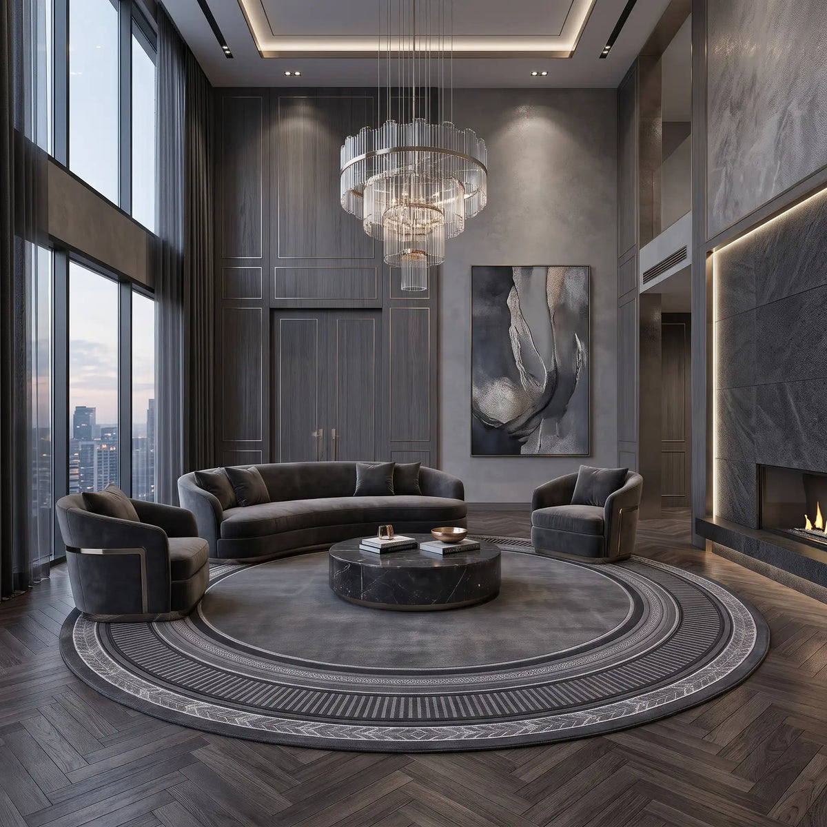 Halo hand-tufted rug in Charcoal Silver – styled in a room