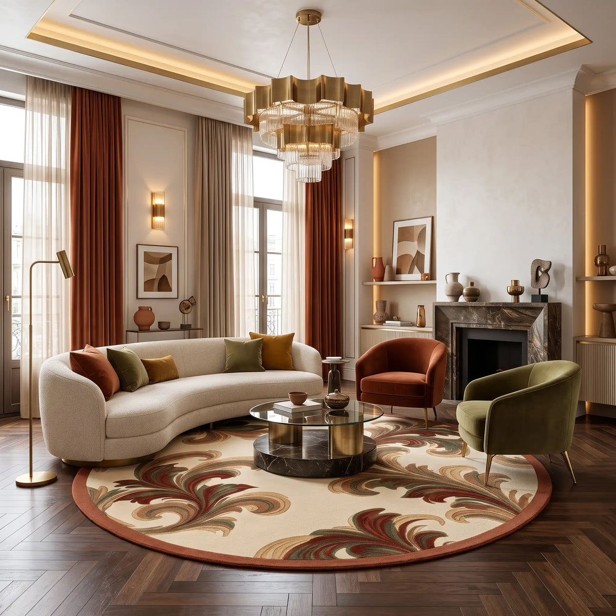 Acanthus hand-tufted rug in Cinnamon Cream – styled in a room