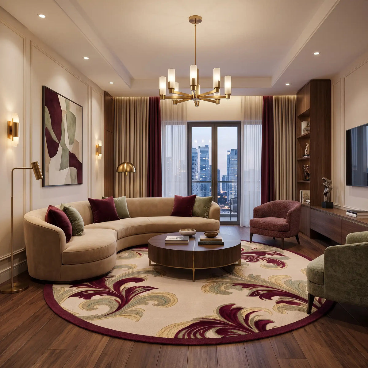 Acanthus hand-tufted rug in Wine Sage – styled in a room