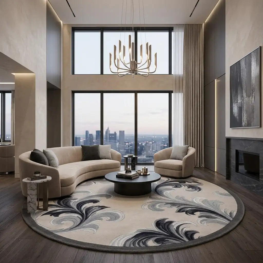 Acanthus hand-tufted rug in Slate Indigo – styled in a room