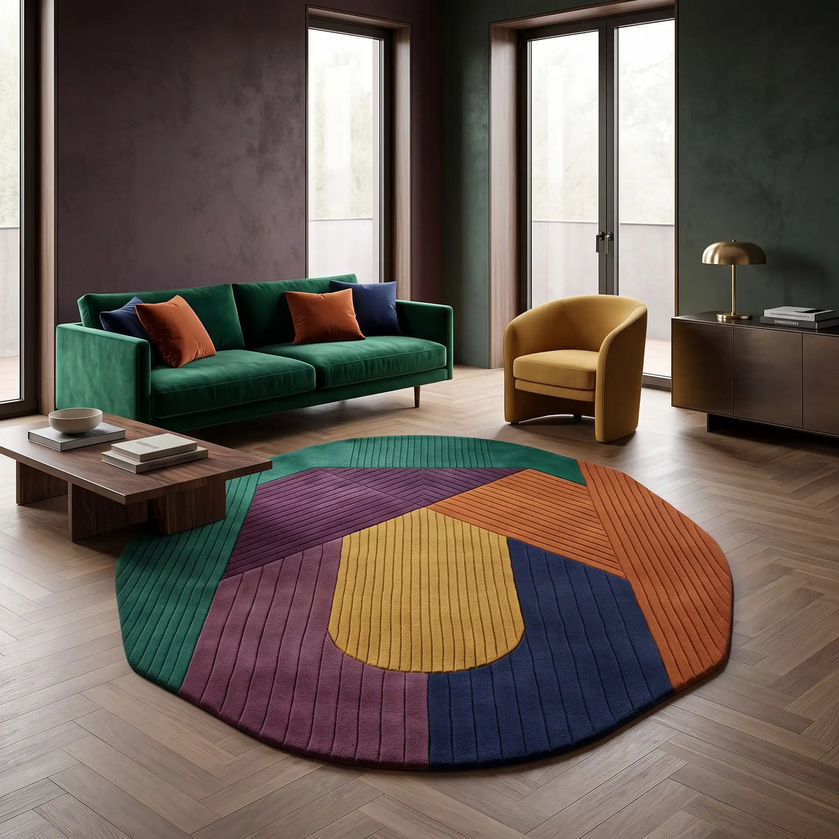 Arcadia modern abstract rug in Sunset Plum – styled in a living room