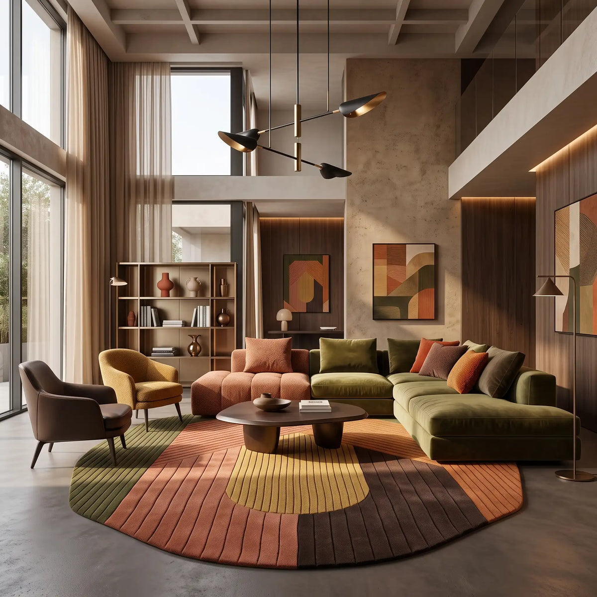 Arcadia modern abstract rug in Olive Terracotta – styled in a living room