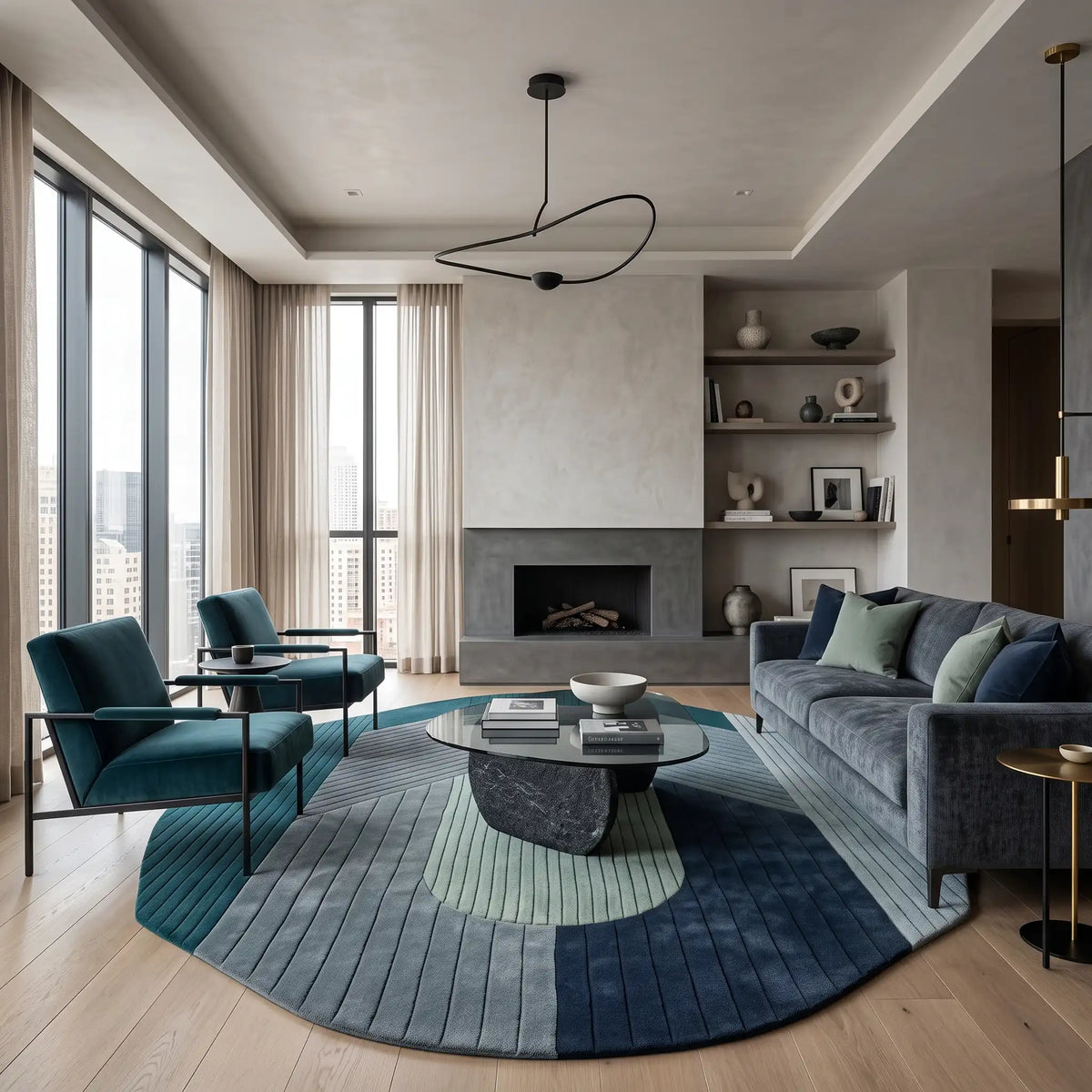 Arcadia modern abstract rug in Teal Slate – styled in a living room