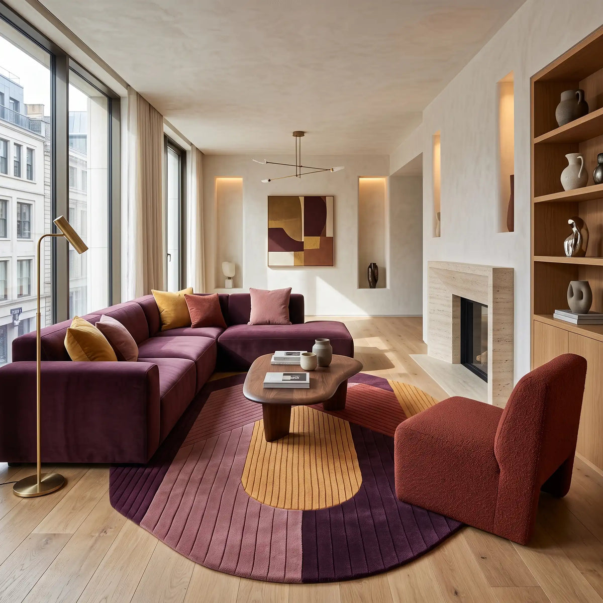 Arcadia modern abstract rug in Burgundy Ochre – styled in a living room