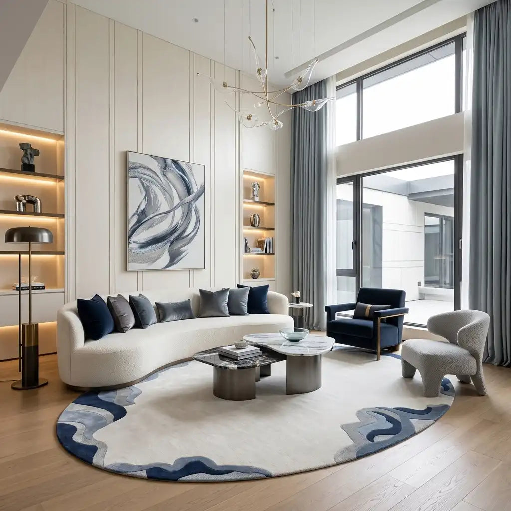 Cloud Edge hand-tufted rug in Indigo Ivory – styled in a room
