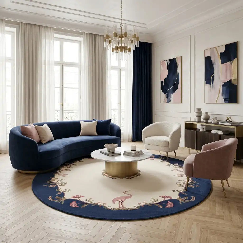 Aubusson hand-tufted rug in Navy Ivory – styled in a room