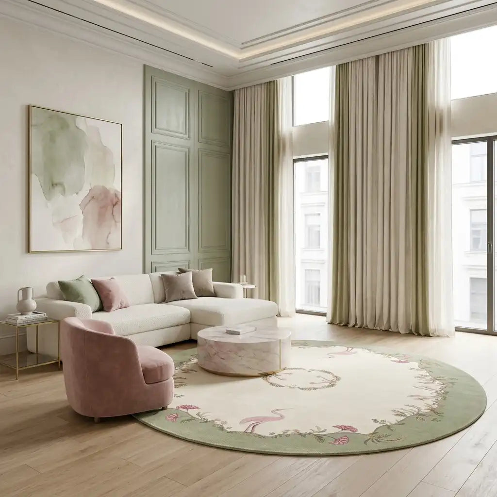 Aubusson hand-tufted rug in Sage Ivory – styled in a room