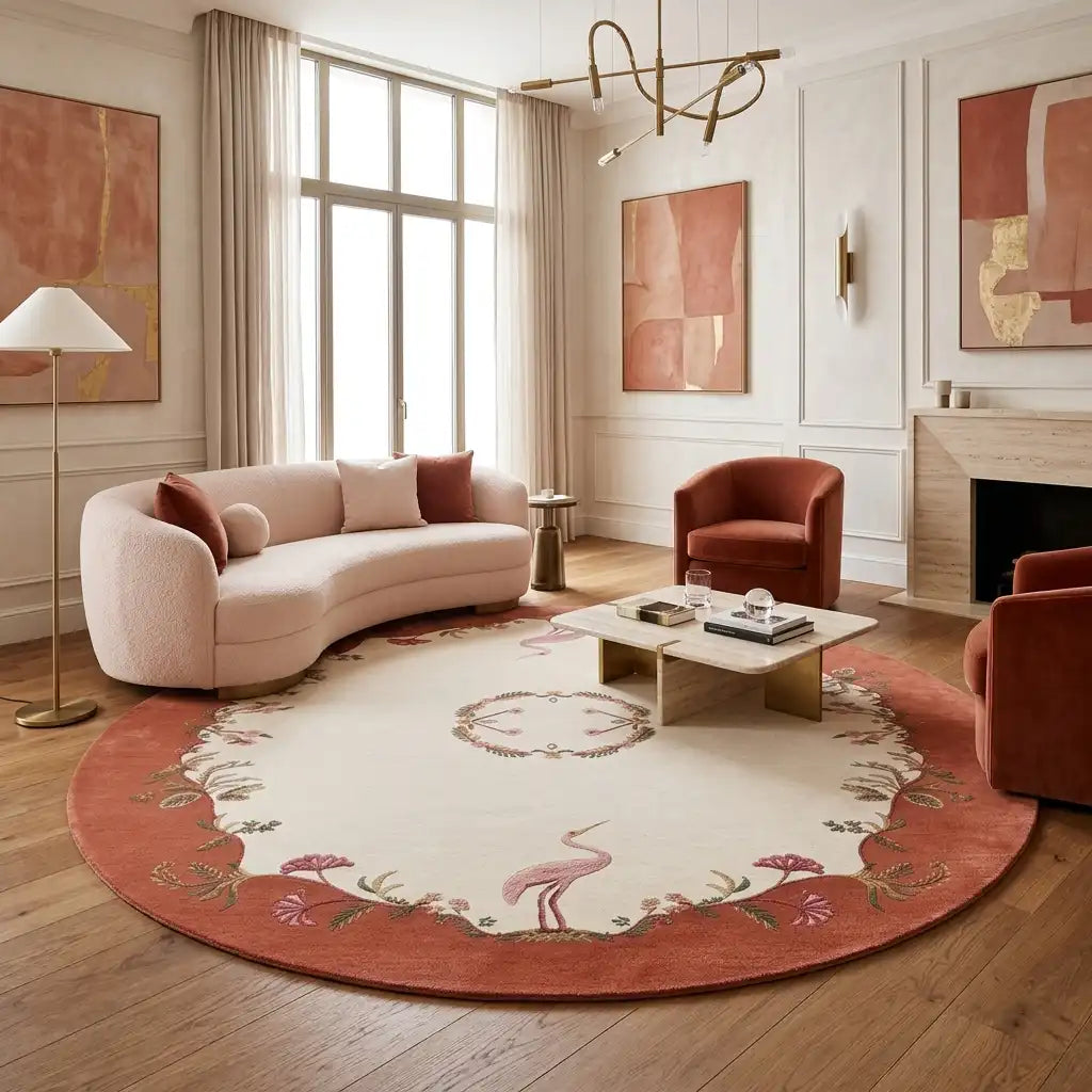 Aubusson hand-tufted rug in Coral Rust – styled in a room