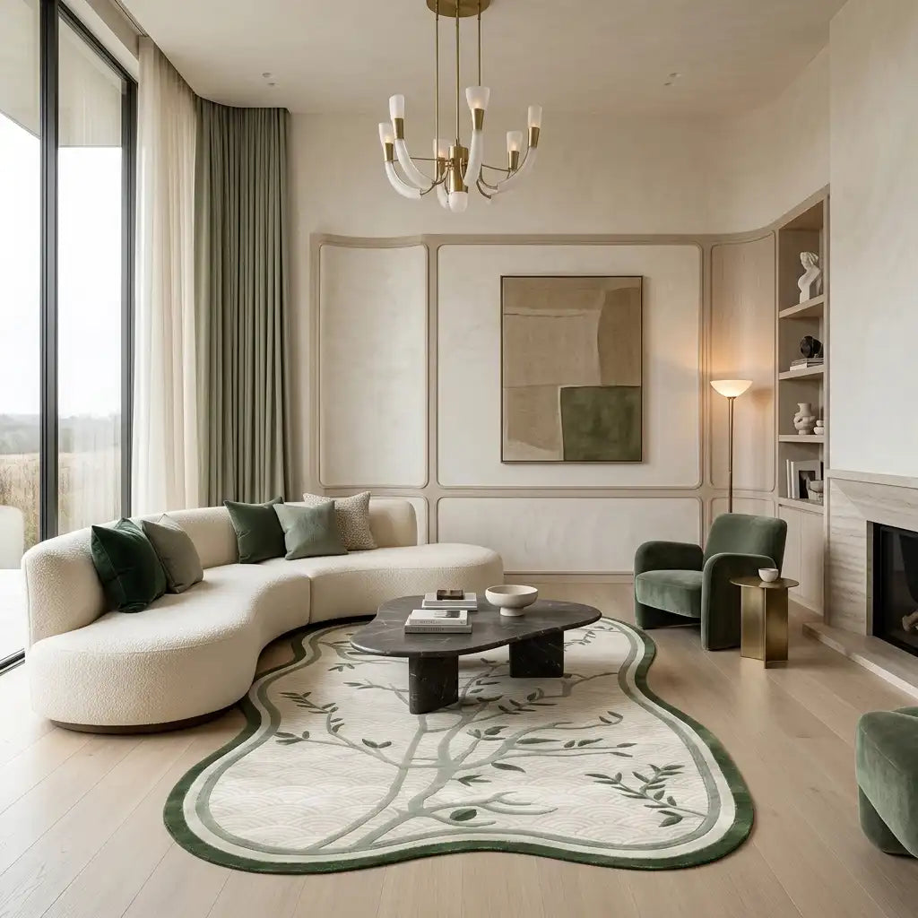 Willow Branch hand-tufted rug in Sage – styled in a room
