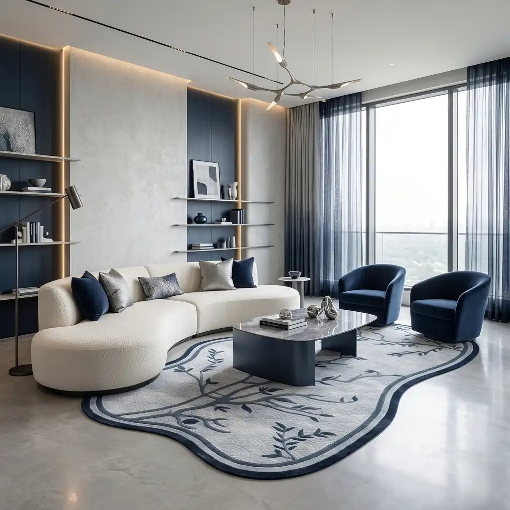 Willow Branch hand-tufted rug in Powder Blue – styled in a room