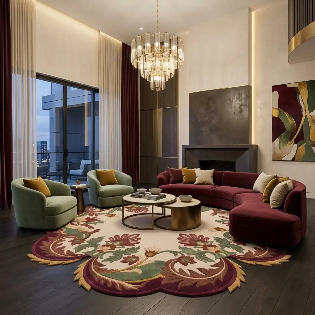 Garden Wreath hand-tufted rug in Burgundy Garden – styled in a room