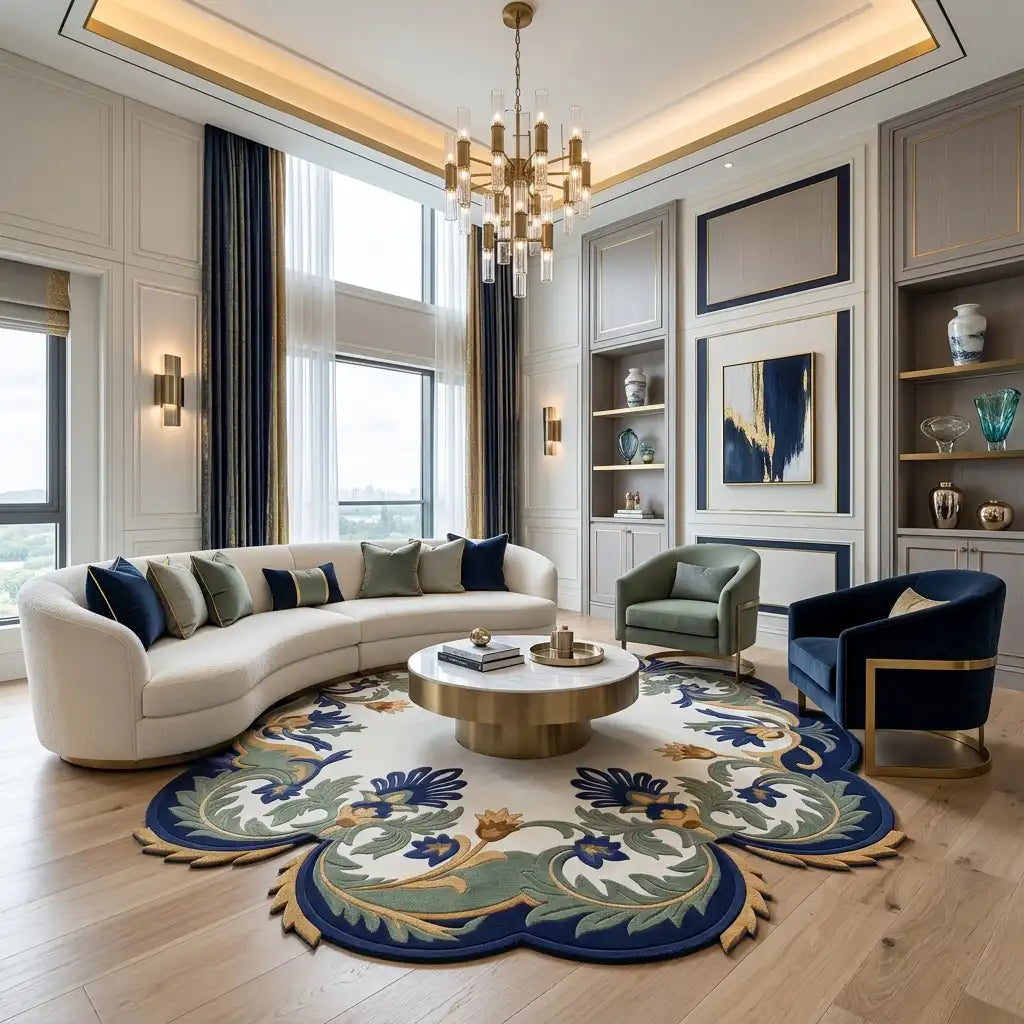 Garden Wreath hand-tufted rug in Cobalt Garden – styled in a room