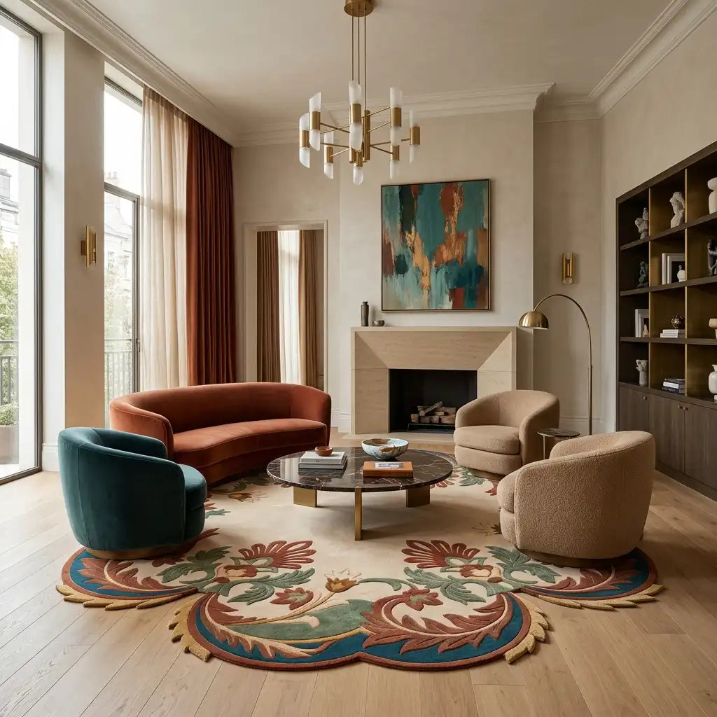 Garden Wreath hand-tufted rug in Ochre Garden – styled in a room