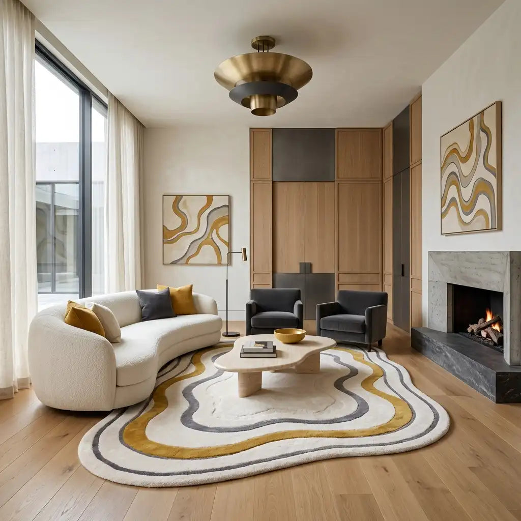 Lagoon Lines hand-tufted rug in Mustard Line – styled in a room
