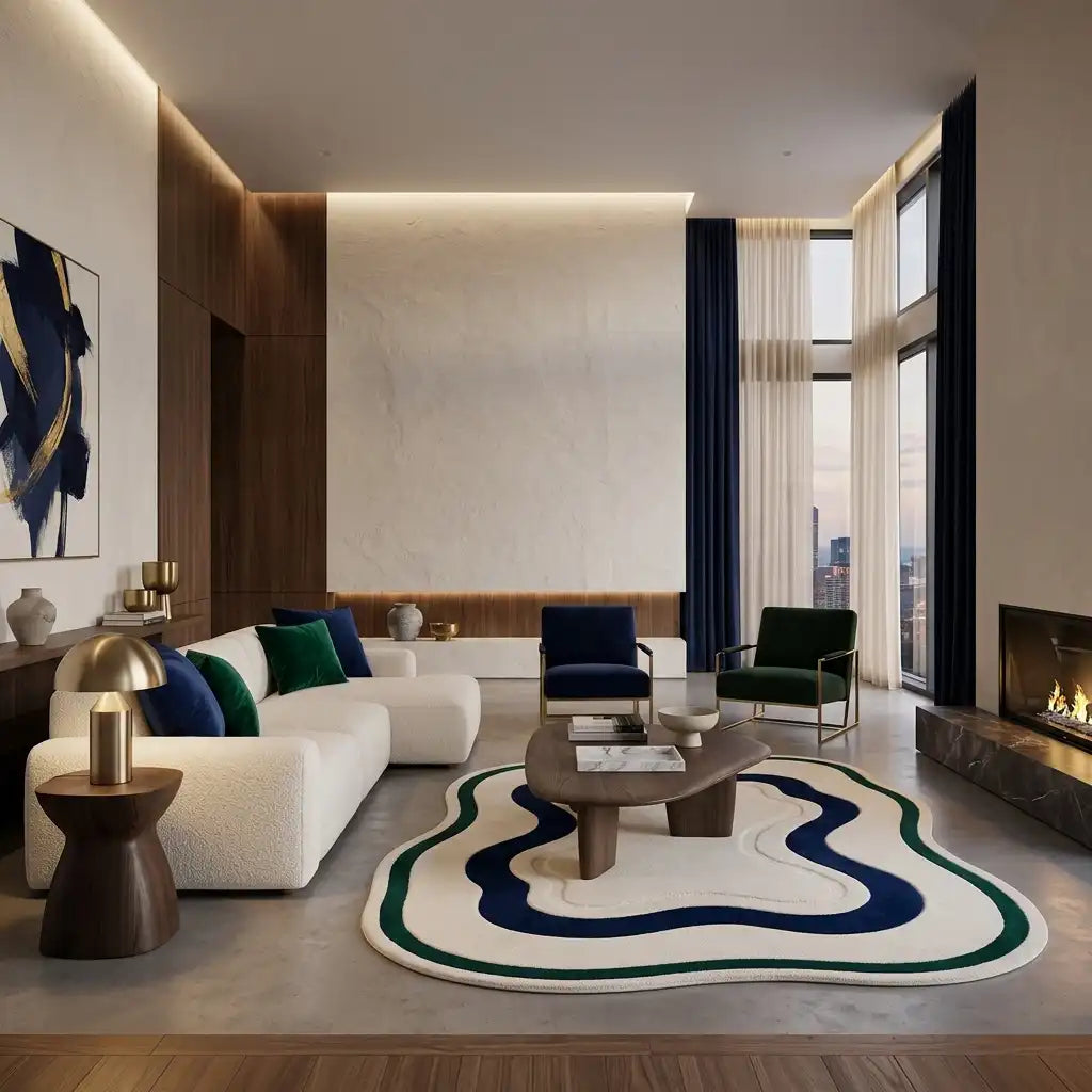 Lagoon Lines hand-tufted rug in Navy Line – styled in a room