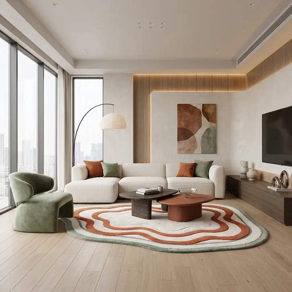 Lagoon Lines hand-tufted rug in Coral Line – styled in a room