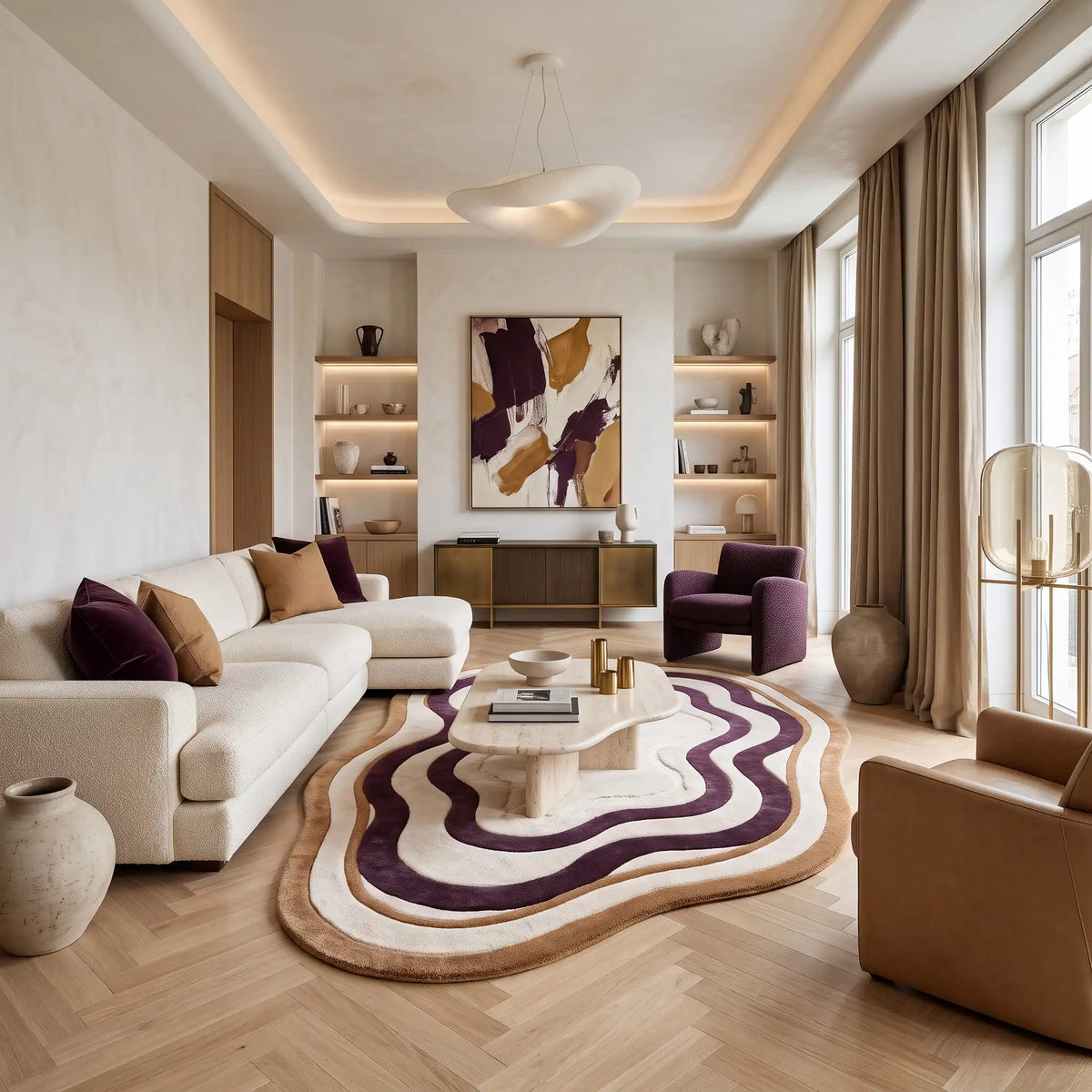 Lagoon Lines hand-tufted rug in Plum Line – styled in a room