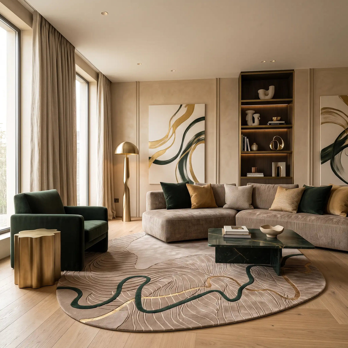 River Pebble hand-tufted rug in Taupe Sand – styled in a room