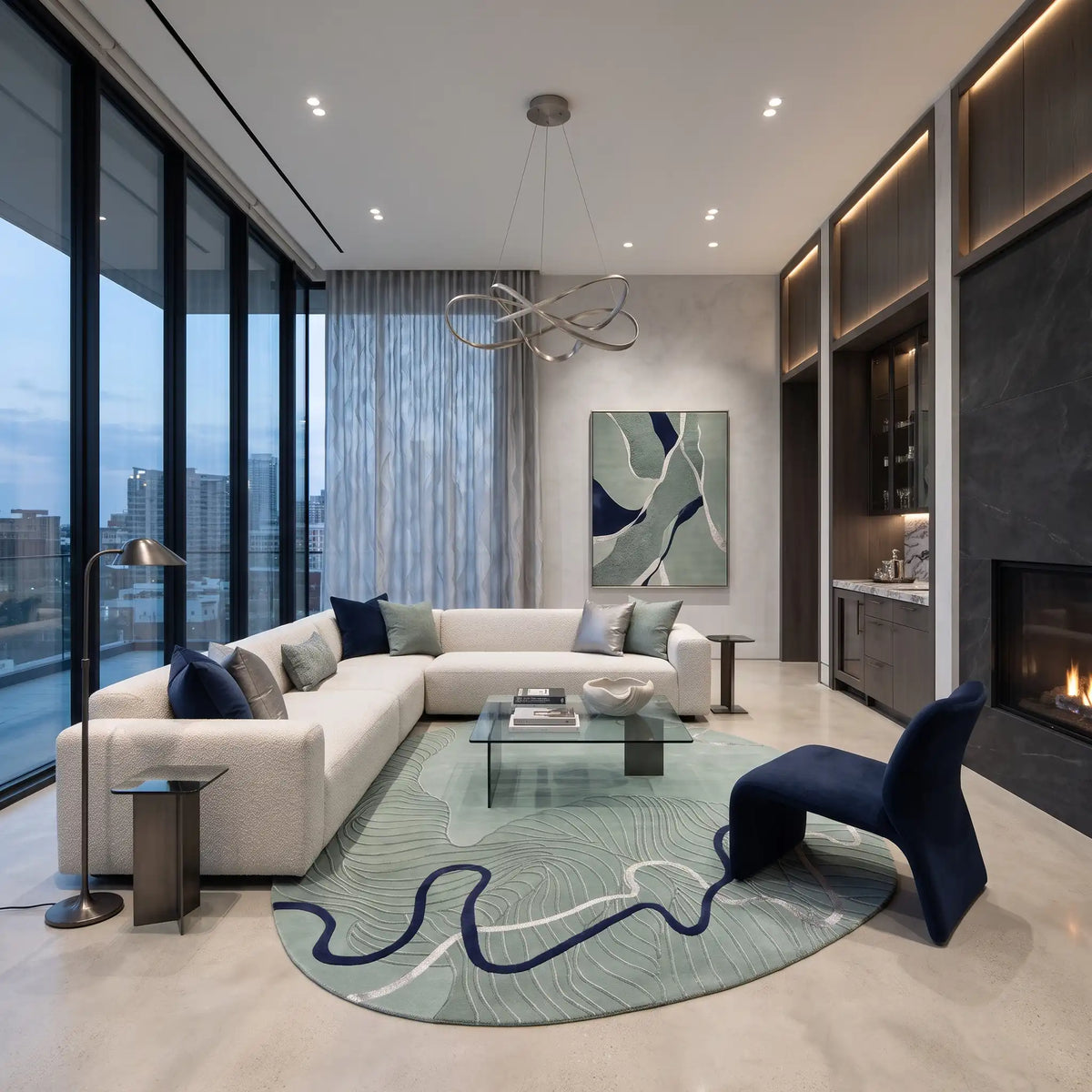 River Pebble hand-tufted rug in Seafoam – styled in a room