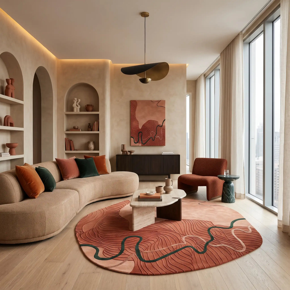 River Pebble hand-tufted rug in Terracotta – styled in a room