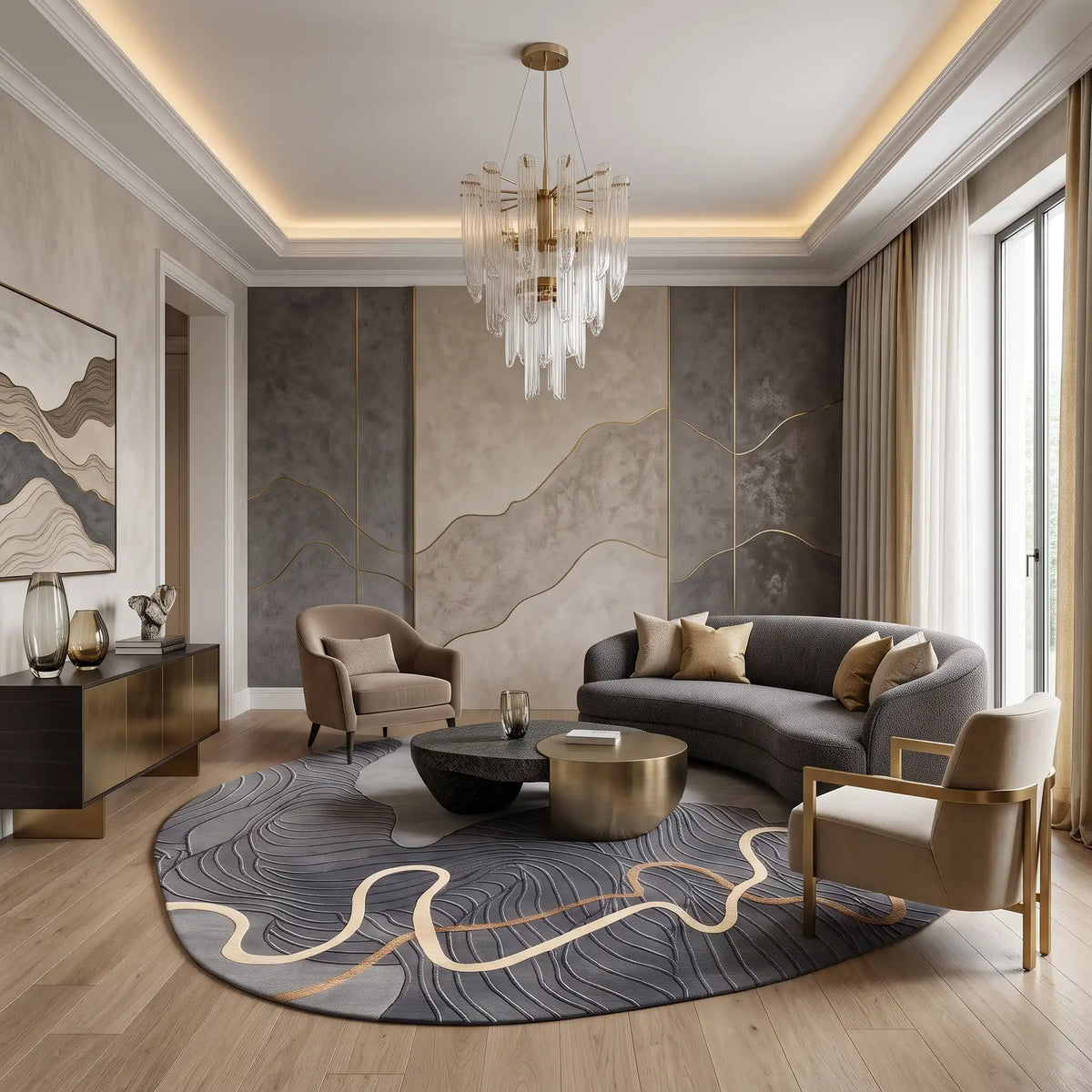 River Pebble hand-tufted rug in Graphite – styled in a room