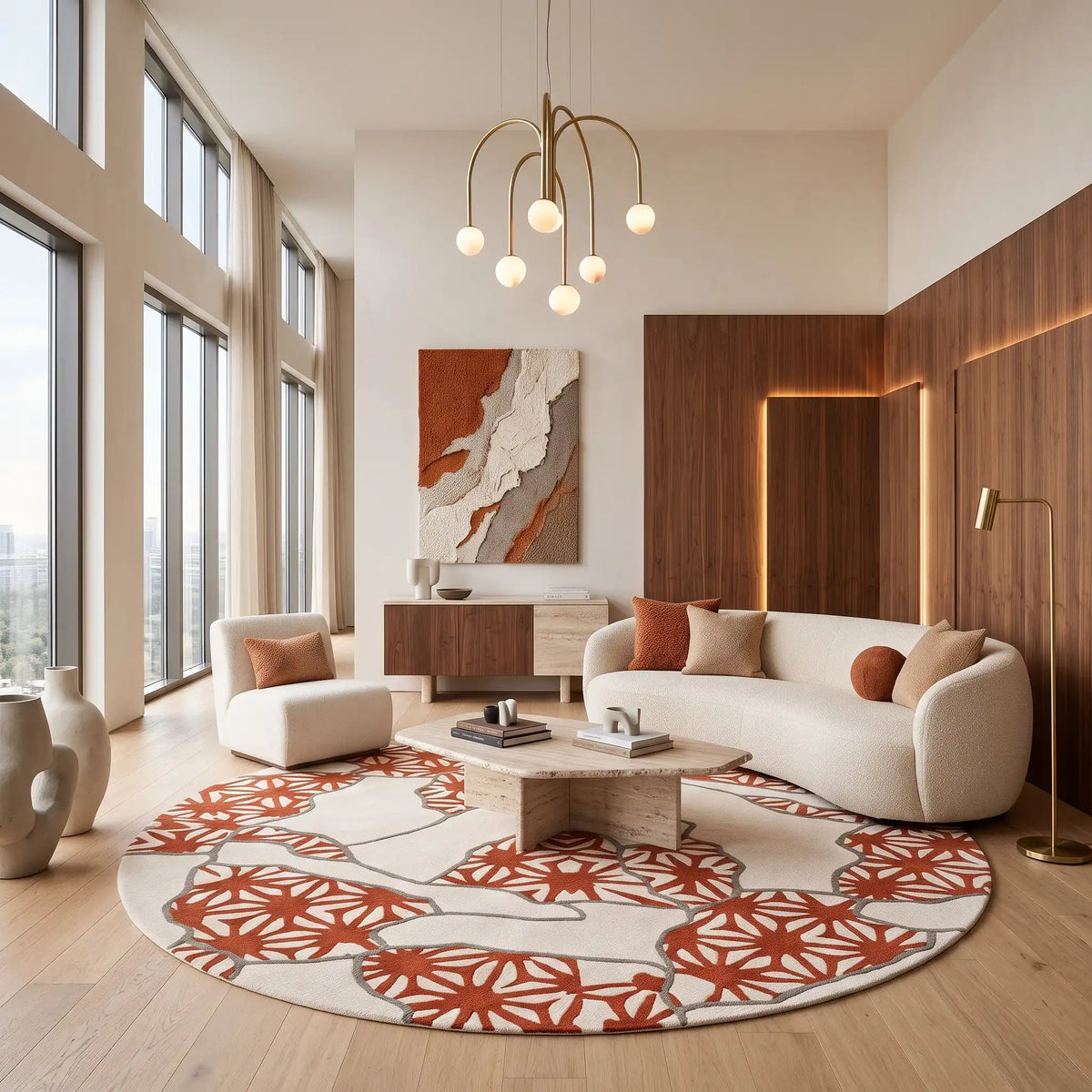 Blossom Ribbon hand-tufted rug in Coral Red – styled in a room