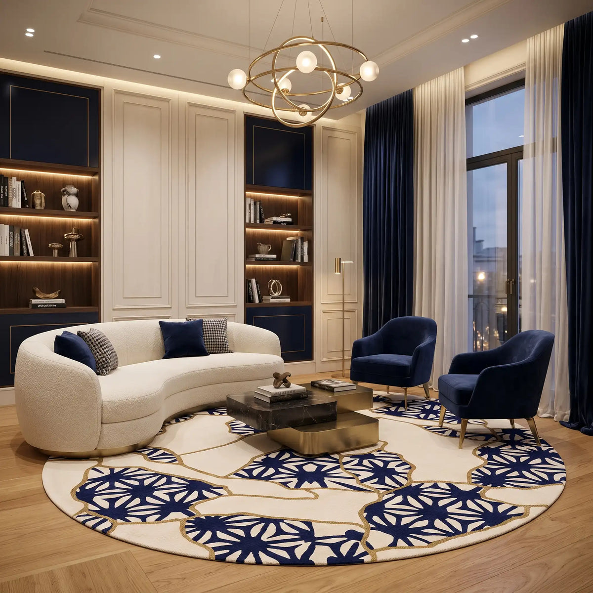 Blossom Ribbon hand-tufted rug in Indigo Blue – styled in a room