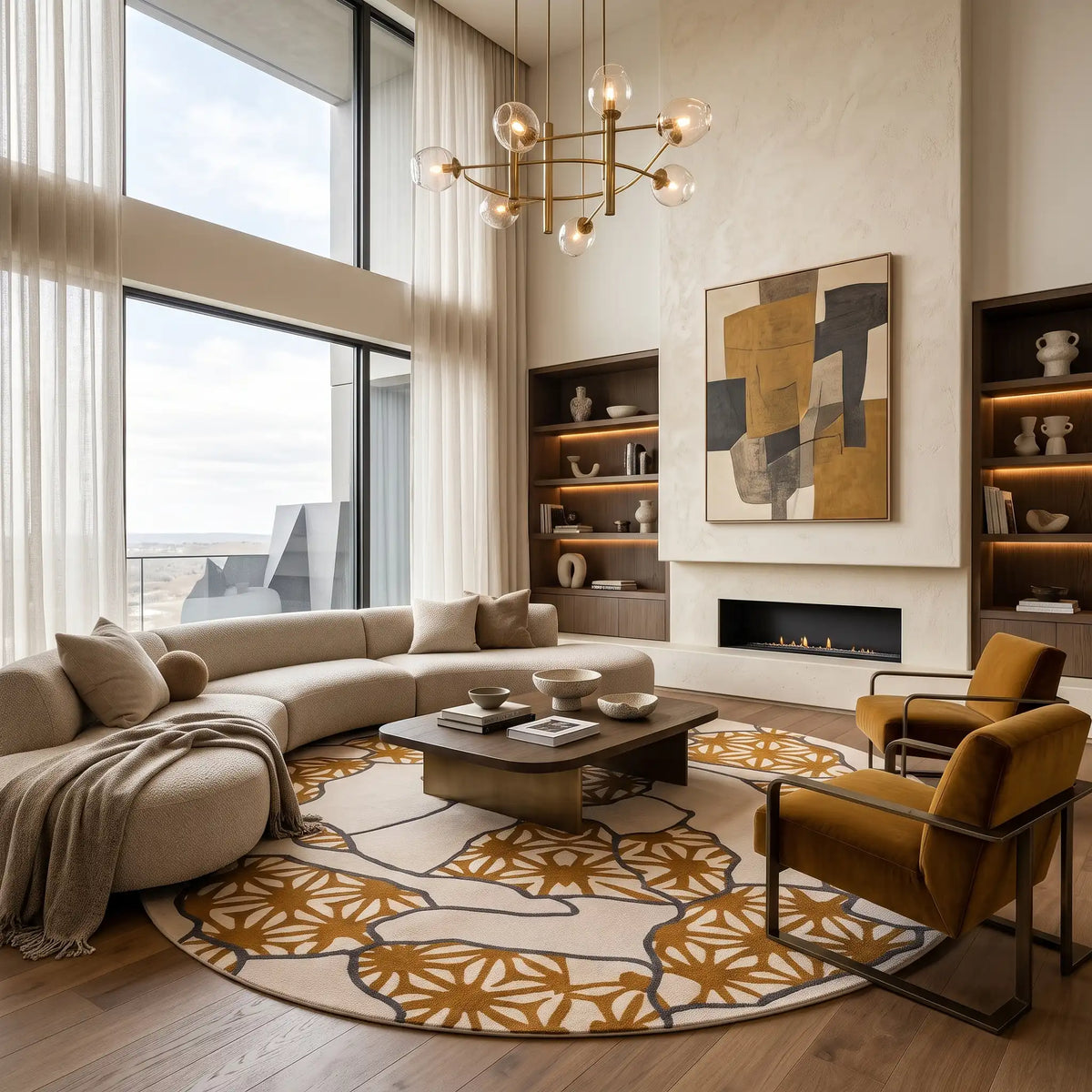 Blossom Ribbon hand-tufted rug in Marigold – styled in a room