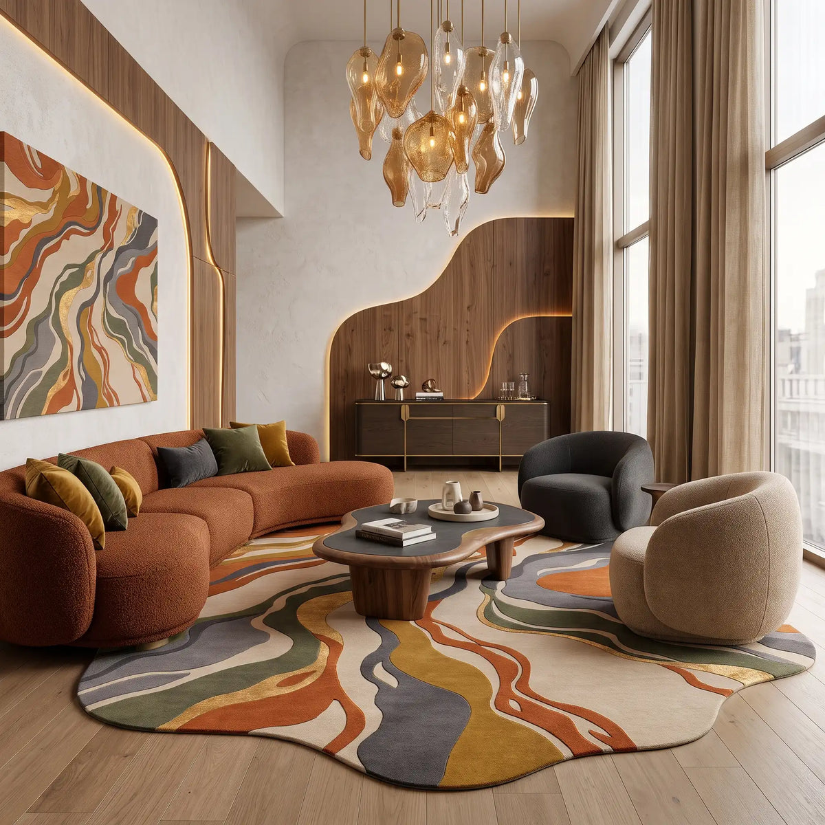 Marble Flow hand-tufted rug in Autumn Ember – styled in a room
