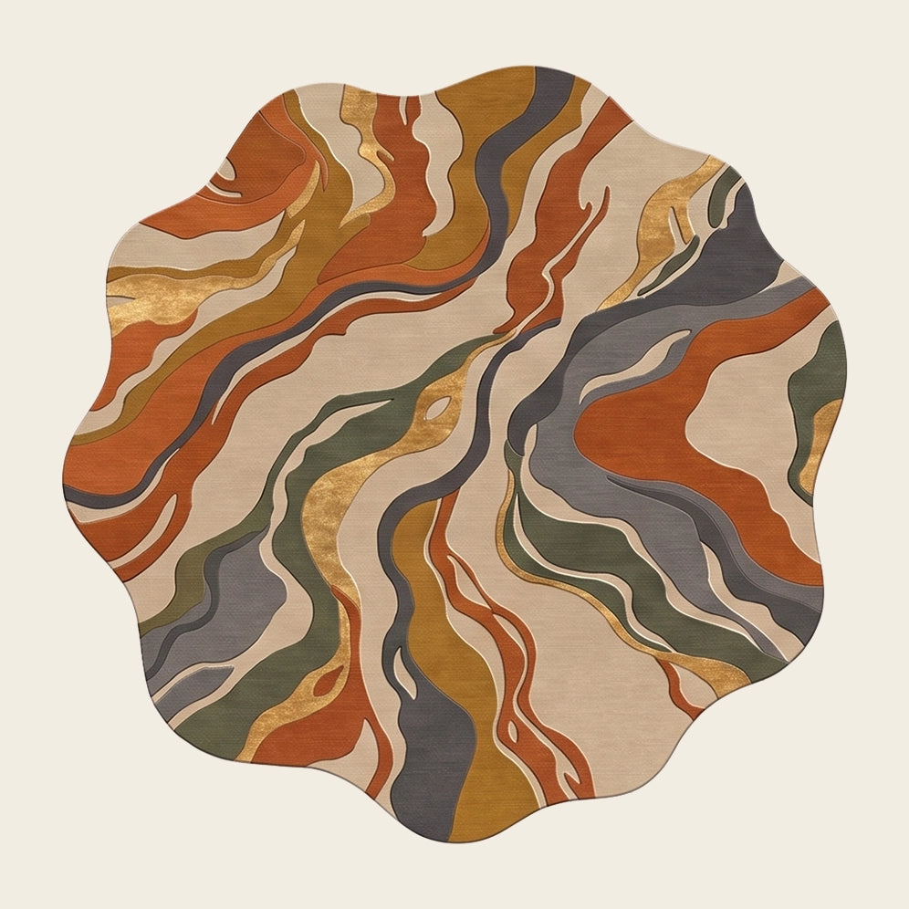 Marble Flow hand-tufted rug in Autumn Ember – flat lay
