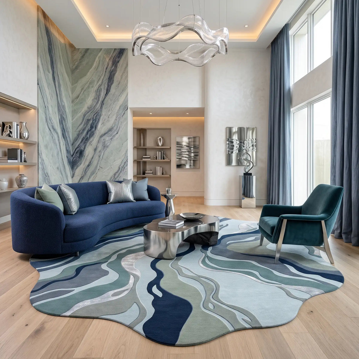 Marble Flow hand-tufted rug in Glacier Blue – styled in a room
