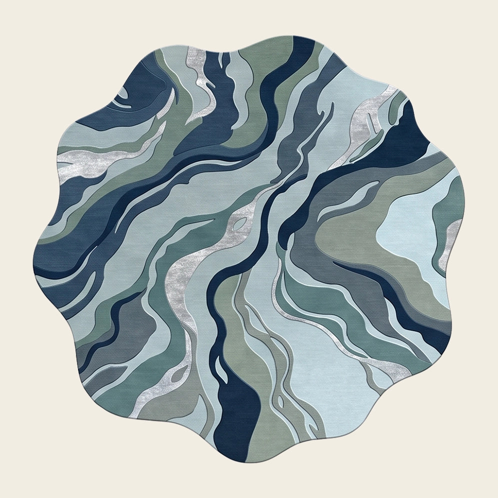 Marble Flow hand-tufted rug in Glacier Blue – flat lay