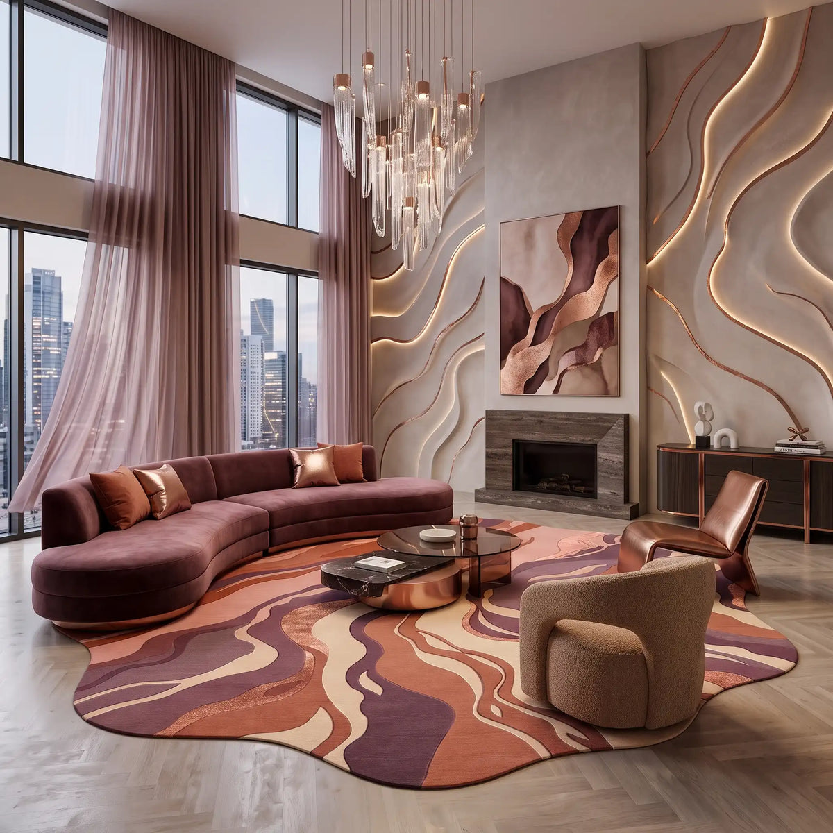 Marble Flow hand-tufted rug in Coral Rose – styled in a room