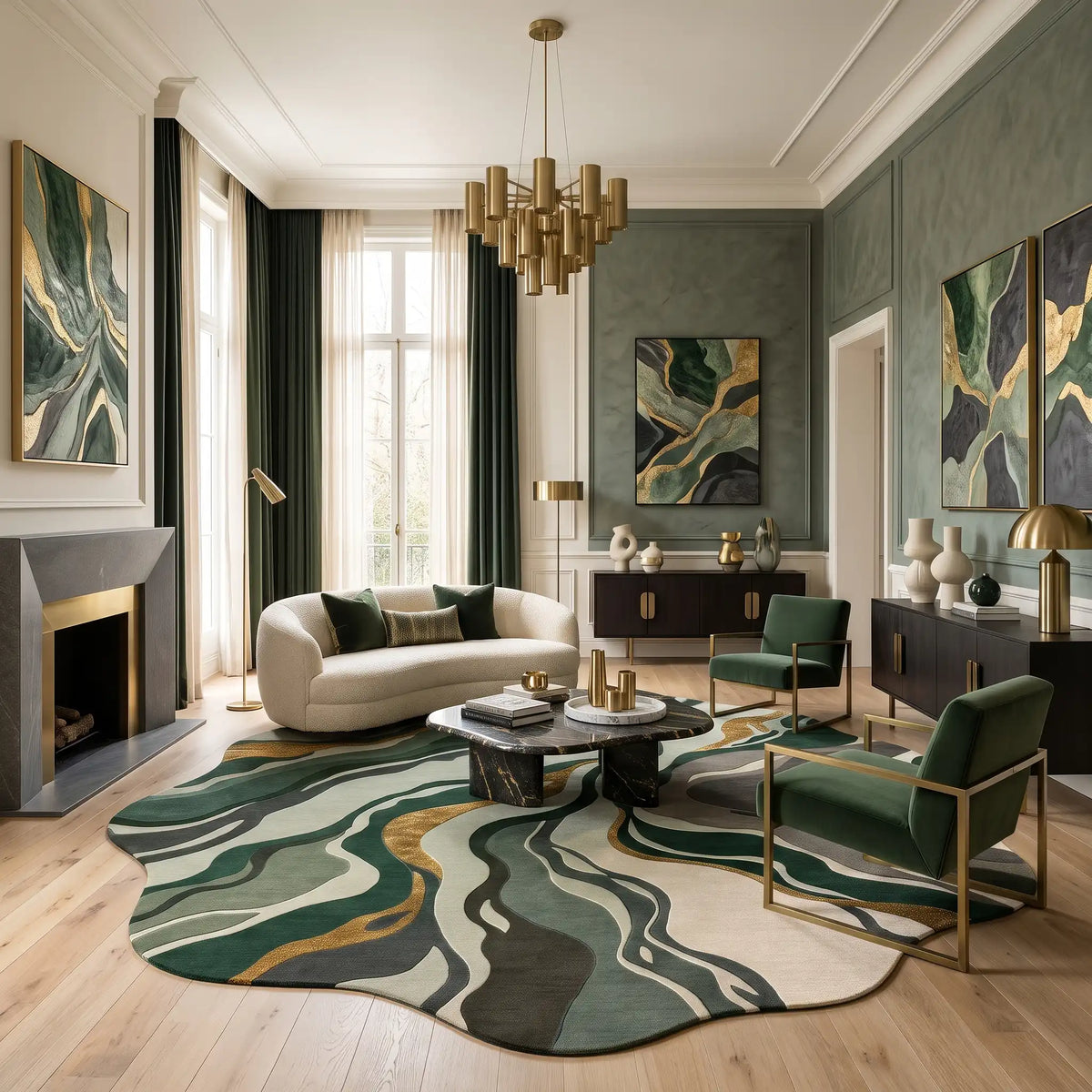 Marble Flow hand-tufted rug in Forest Emerald – styled in a room