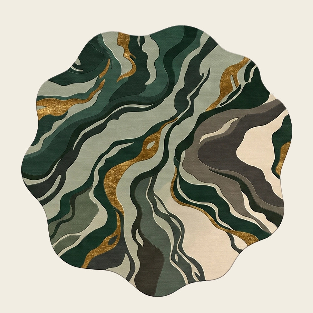 Marble Flow hand-tufted rug in Forest Emerald – flat lay