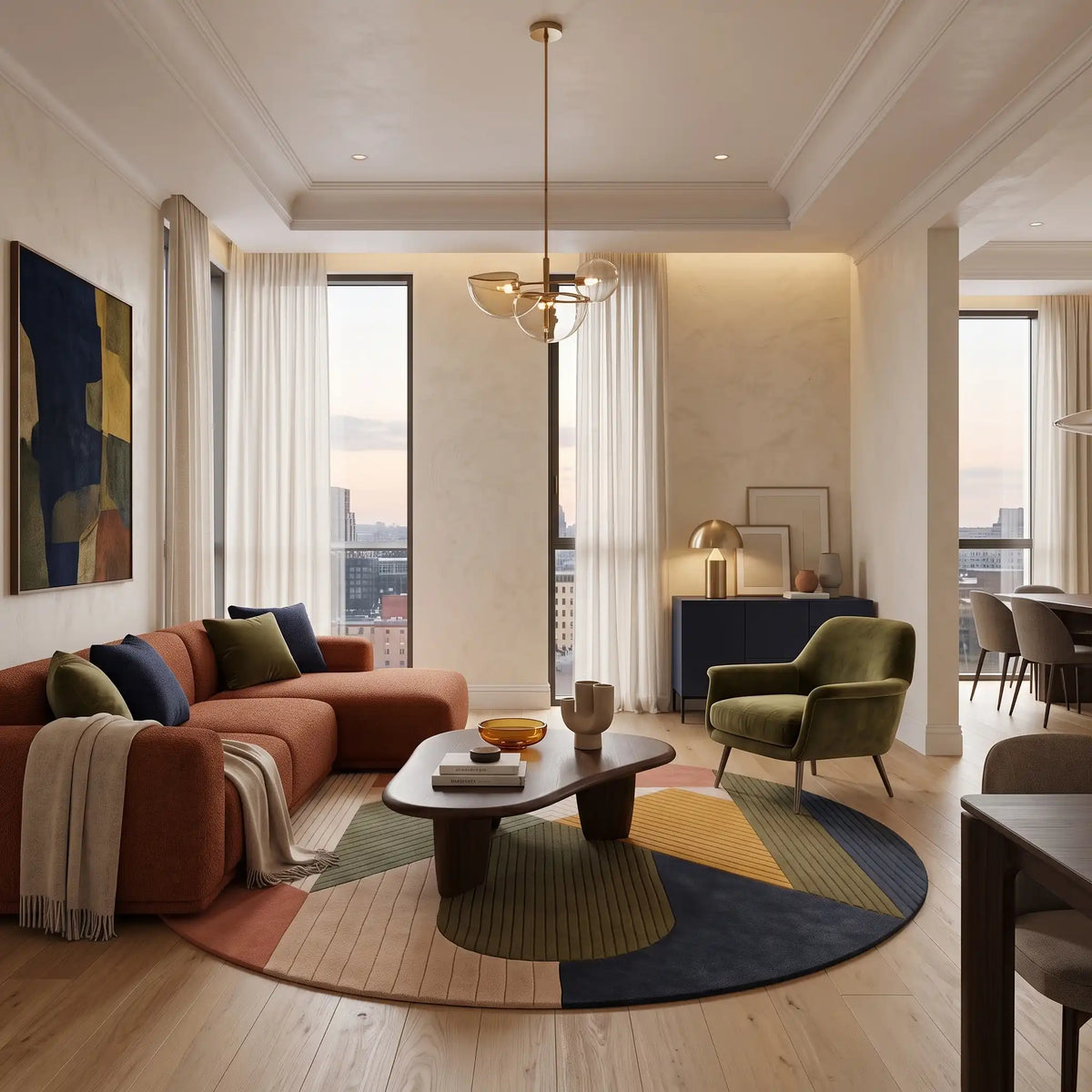 Meridian modern abstract rug in Terracotta Olive – styled in a living room
