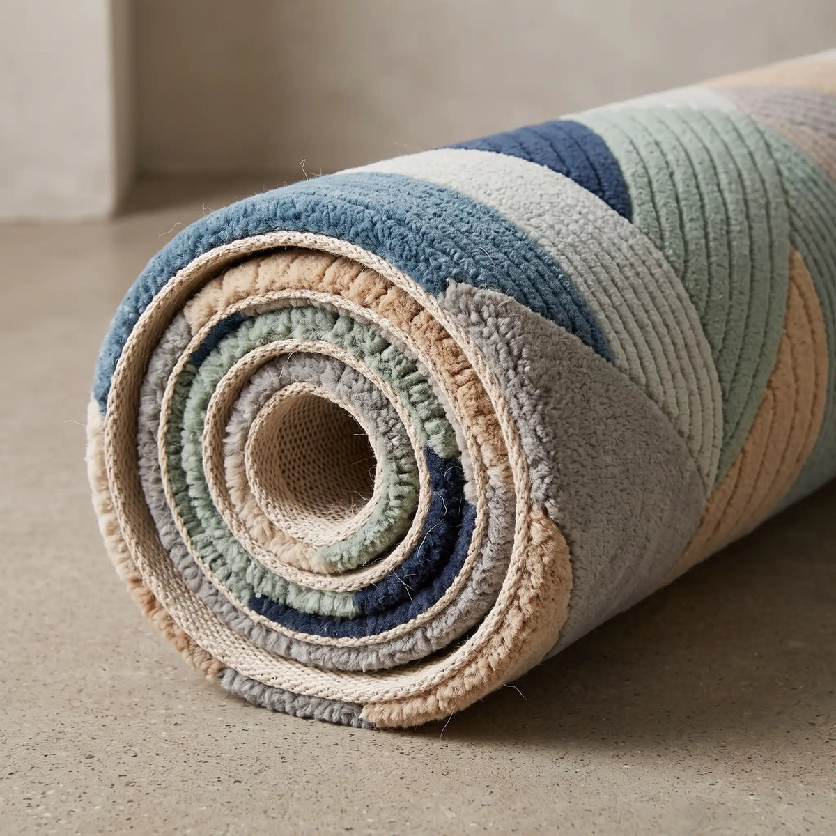 Meridian modern abstract rug in Sky Mist – rolled to show the backing and thickness