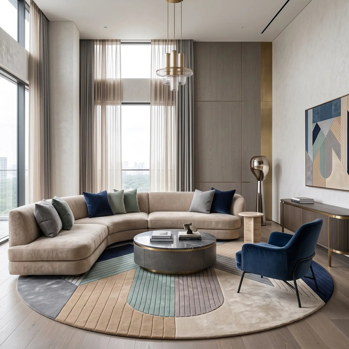 Meridian modern abstract rug in Sky Mist – styled in a living room
