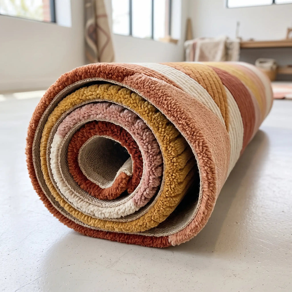 Meridian modern abstract rug in Desert Sun – rolled to show the backing and thickness