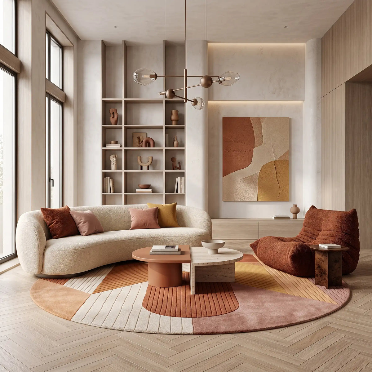 Meridian modern abstract rug in Desert Sun – styled in a living room