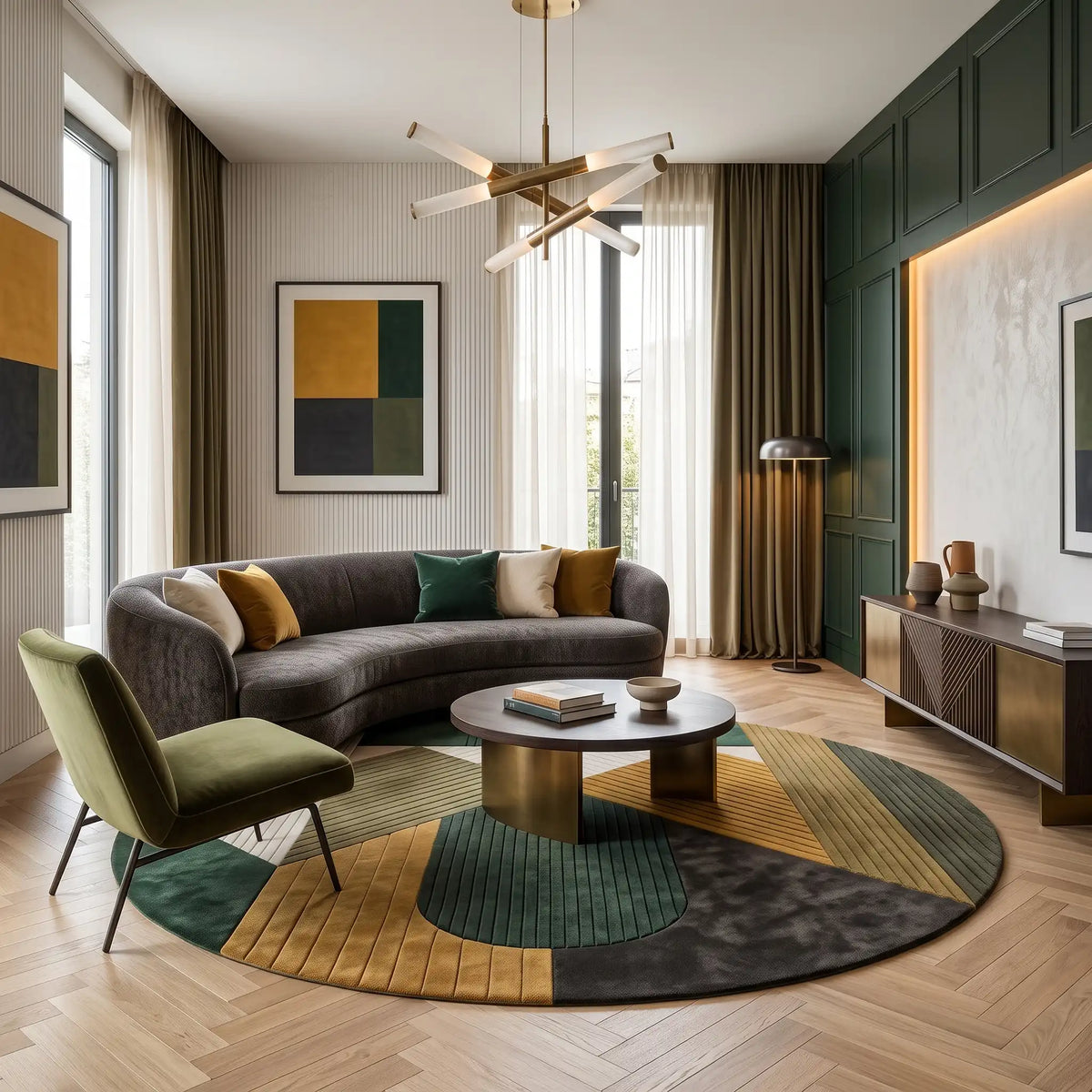 Meridian modern abstract rug in Forest Ochre – styled in a living room