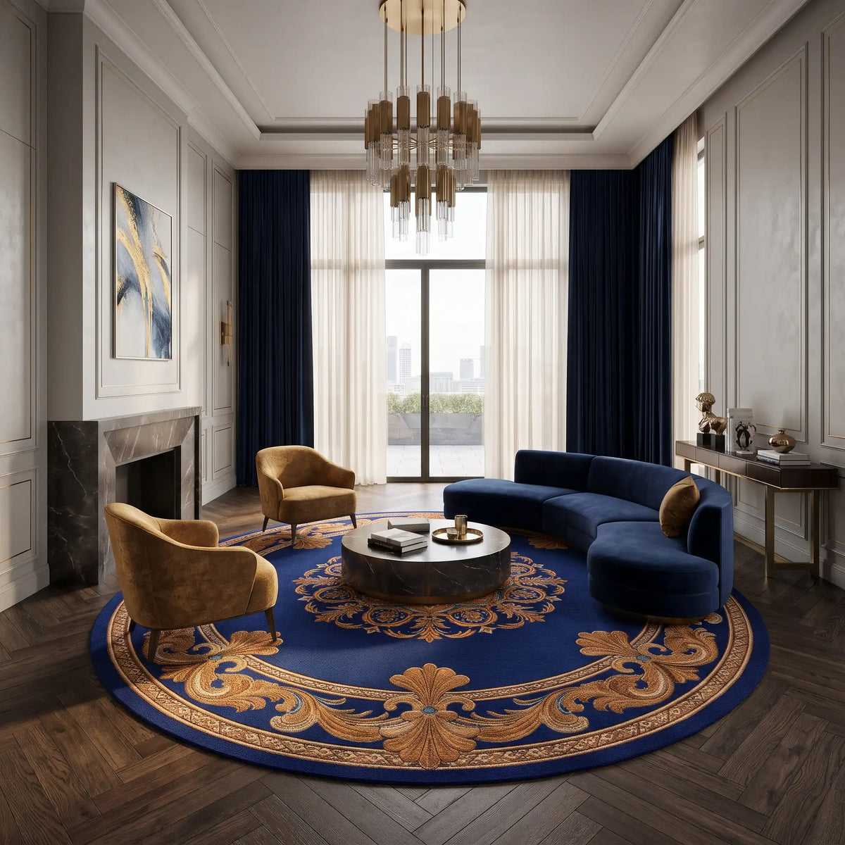 Royal Sunburst hand-tufted rug in Royal Navy – styled in a room